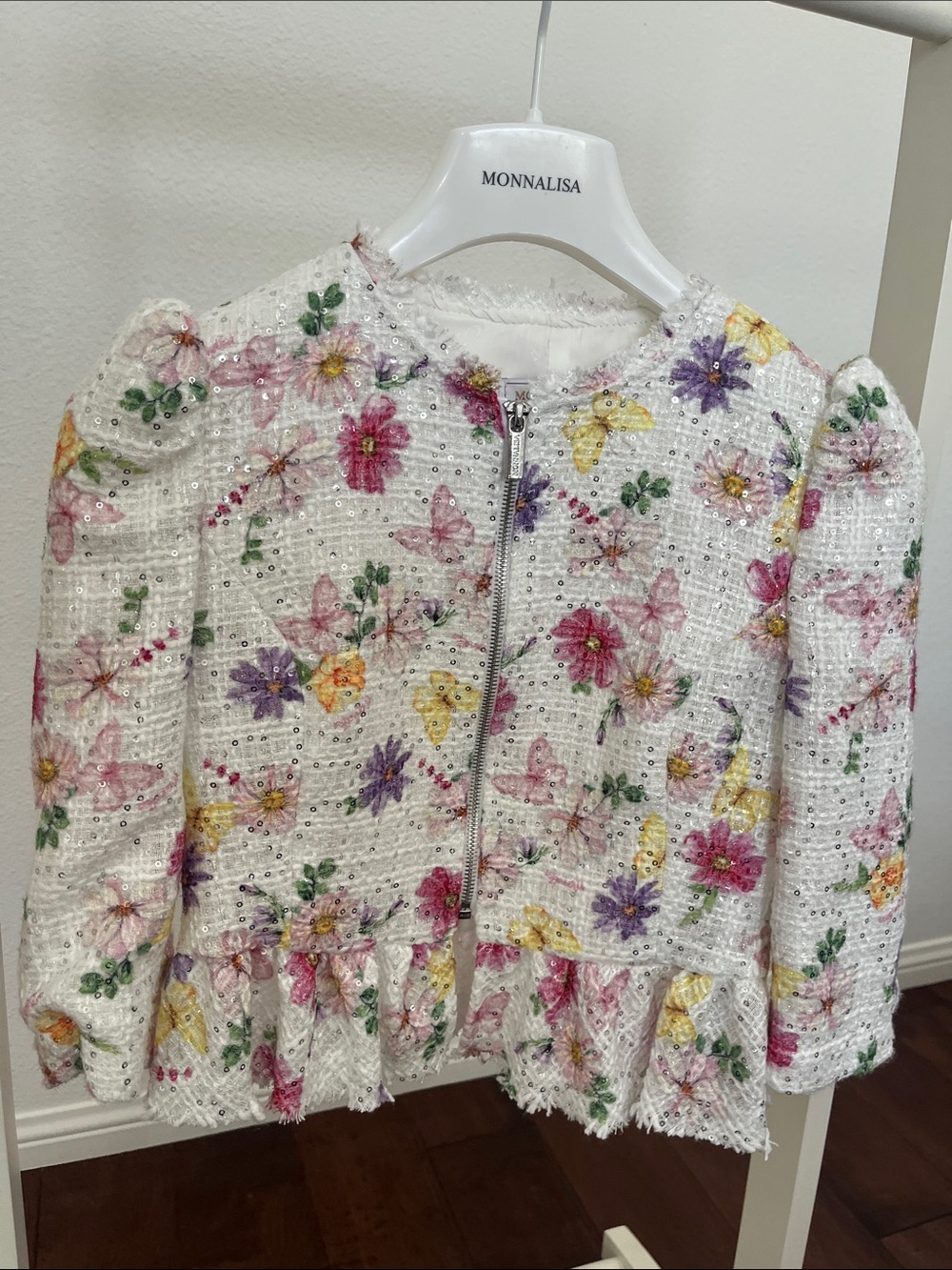 MonnaLisa White Floral Tweed Jacket with Pink, Purple & Yellow Accents